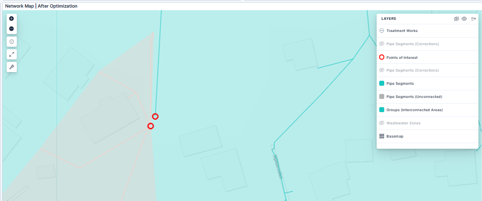 Map showing points where the machine learning algorithm flags a missing connection for specialist review