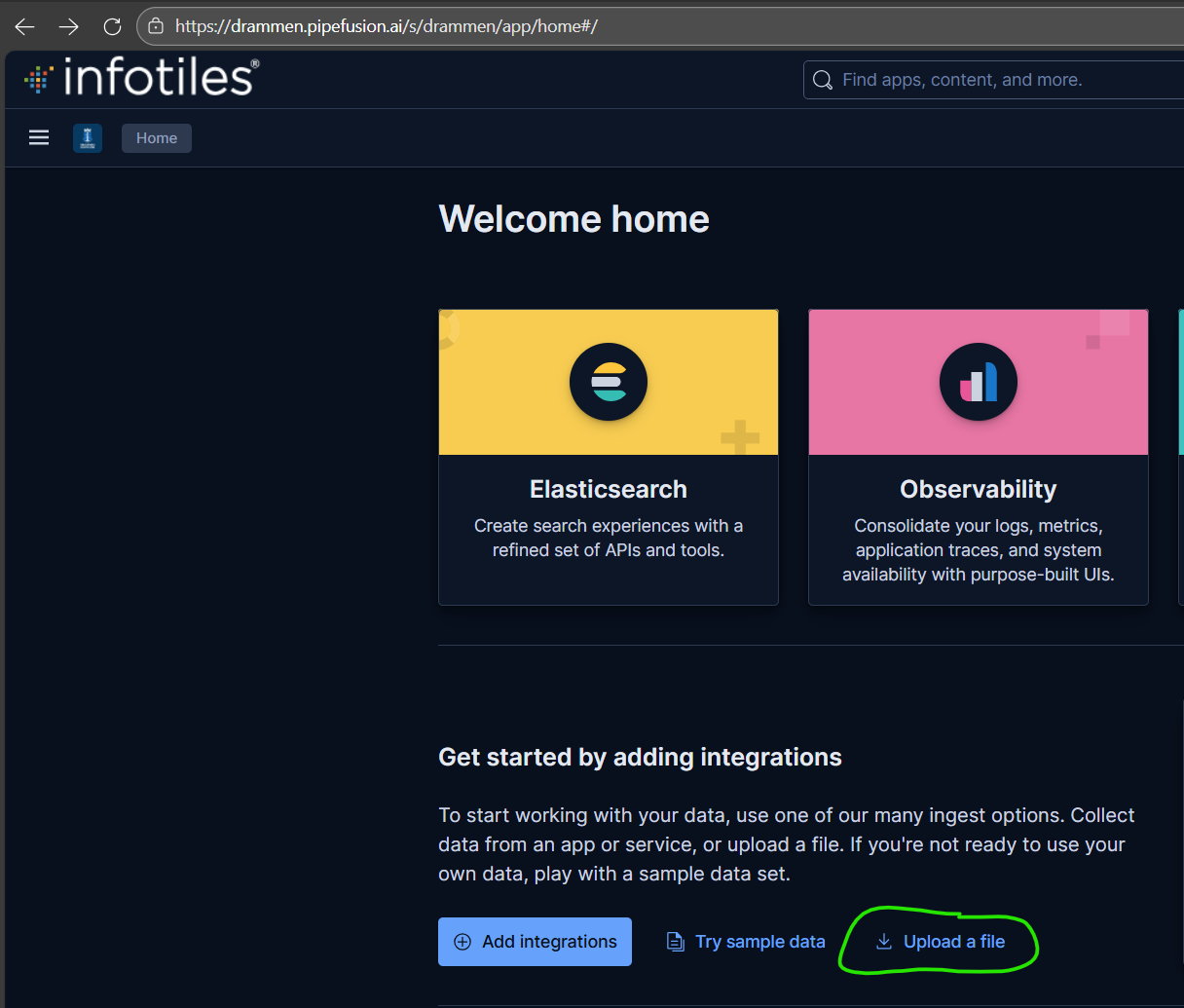 CSV upload shortcut on the InfoTiles landing page